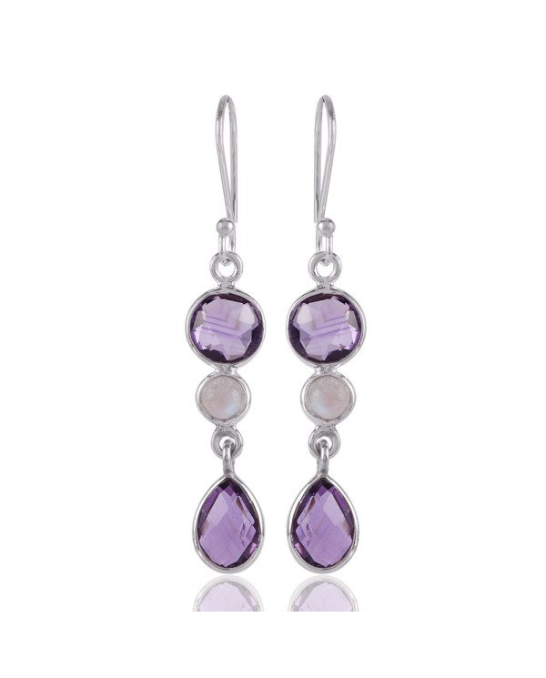 Amethyst and Rainbow Moonstone Dangle Drop Solid Silver Earring