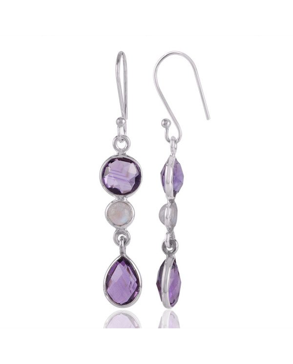 Amethyst and Rainbow Moonstone Dangle Drop Solid Silver Earring