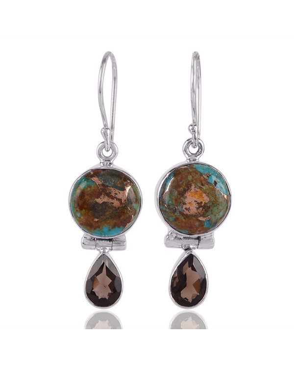 Boulder Copper Turquoise and Smoky Quartz Drop Earring Silver Jewelry