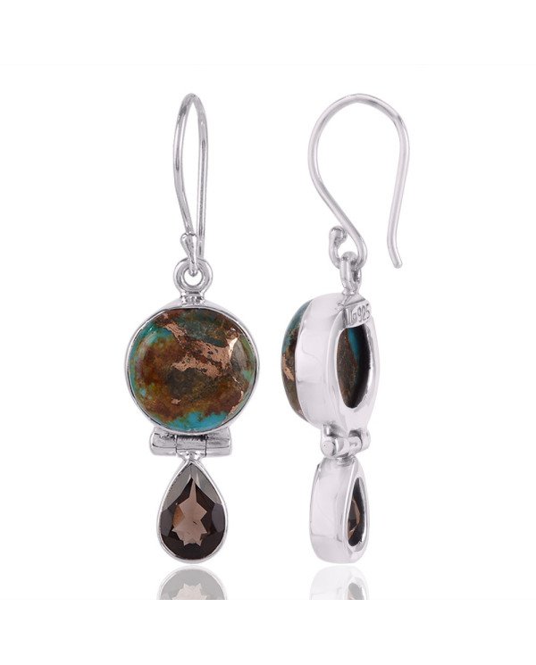 Boulder Copper Turquoise and Smoky Quartz Drop Earring Silver Jewelry