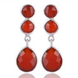 925 Silver and Red Onyx Three Stone Red Stone Earring