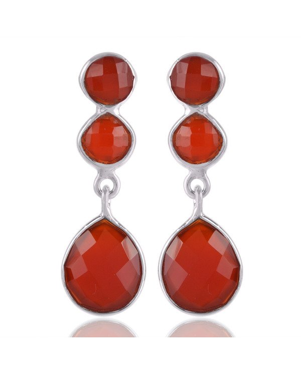 925 Silver and Red Onyx Three Stone Red Stone Earring