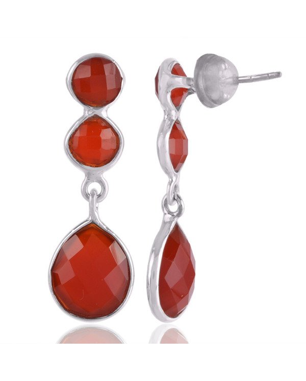 925 Silver and Red Onyx Three Stone Red Stone Earring