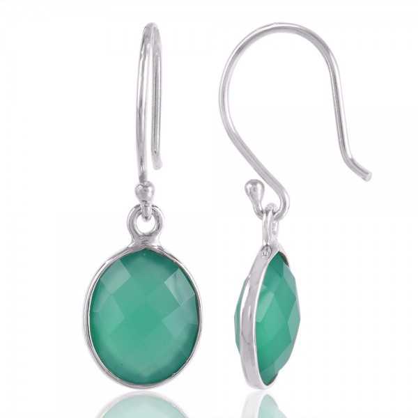 Sterling Silver Green Onyx Gemstone Simple Single Stone Earring Bezel Set Earring