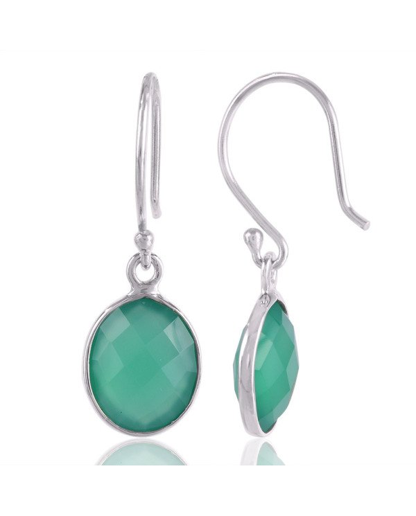 Sterling Silver Green Onyx Gemstone Simple Single Stone Earring Bezel Set Earring