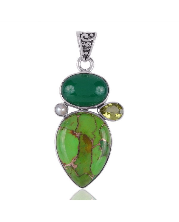 Green Copper Tuqruoise Green Onyx Lemon and Pearl Silver Pendant Necklace