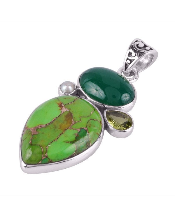 Green Copper Tuqruoise Green Onyx Lemon and Pearl Silver Pendant Necklace