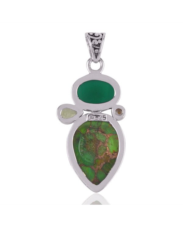 Green Copper Tuqruoise Green Onyx Lemon and Pearl Silver Pendant Necklace