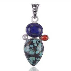 Turquoise Lapis Coral and Pearl Multi Stone Silver Pendant Necklace