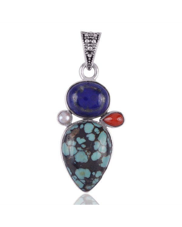 Turquoise Lapis Coral and Pearl Multi Stone Silver Pendant Necklace
