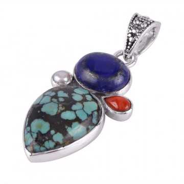 Turquoise Lapis Coral and Pearl Multi Stone Silver Pendant Necklace