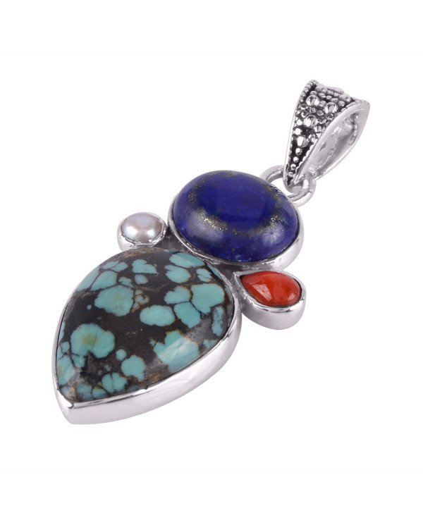 Turquoise Lapis Coral and Pearl Multi Stone Silver Pendant Necklace