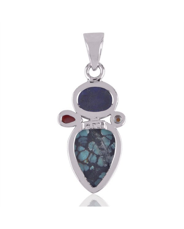 Turquoise Lapis Coral and Pearl Multi Stone Silver Pendant Necklace