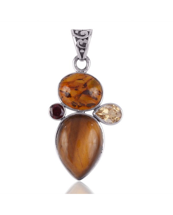 Amber Tiger Eye Citrine and Garnet 925 Silver Gemstone Pendant Necklace