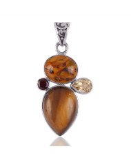 Amber Tiger Eye Citrine and Garnet 925 Silver Gemstone Pendant Necklace