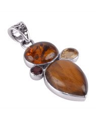 Amber Tiger Eye Citrine and Garnet 925 Silver Gemstone Pendant Necklace