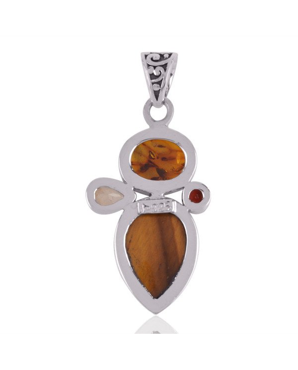 Amber Tiger Eye Citrine and Garnet 925 Silver Gemstone Pendant Necklace