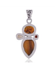 Amber Tiger Eye Citrine and Garnet 925 Silver Gemstone Pendant Necklace