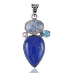 Lapis Rainbow Moonstone Pearl and Blue Topaz Gemstone Silver Pendant Necklace