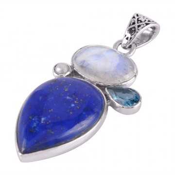 Lapis Rainbow Moonstone Pearl and Blue Topaz Gemstone Silver Pendant Necklace