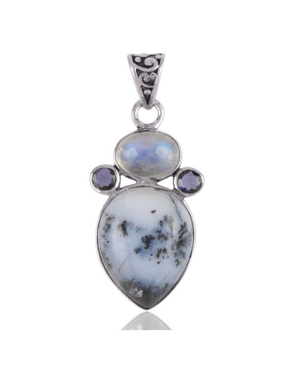 925 Silver Dendritic Opal Rainbow Moonstone and Iolite Gemstone Pendant