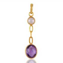 Pearl and Amethyst Gold Plated Silver Dangle Pendant Locket