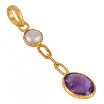 Pearl and Amethyst Gold Plated Silver Dangle Pendant Locket