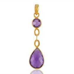 Amethyst and 18K Gold Plated Silver Dangle Tear Drop Pendant Locket
