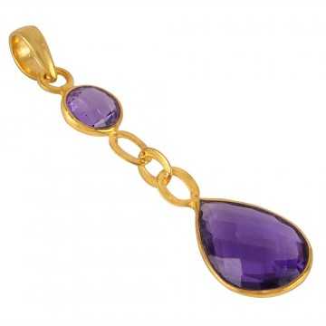 Amethyst and 18K Gold Plated Silver Dangle Tear Drop Pendant Locket