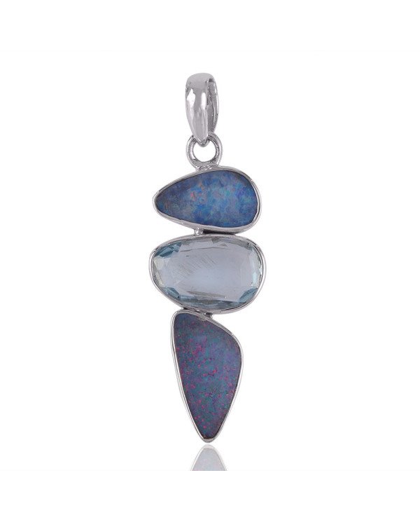 Opal Doublet and Blue Topaz Solid Silver Three Stone Pendant Necklace