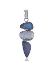 Opal Doublet and Blue Topaz Solid Silver Three Stone Pendant Necklace