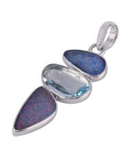 Opal Doublet and Blue Topaz Solid Silver Three Stone Pendant Necklace