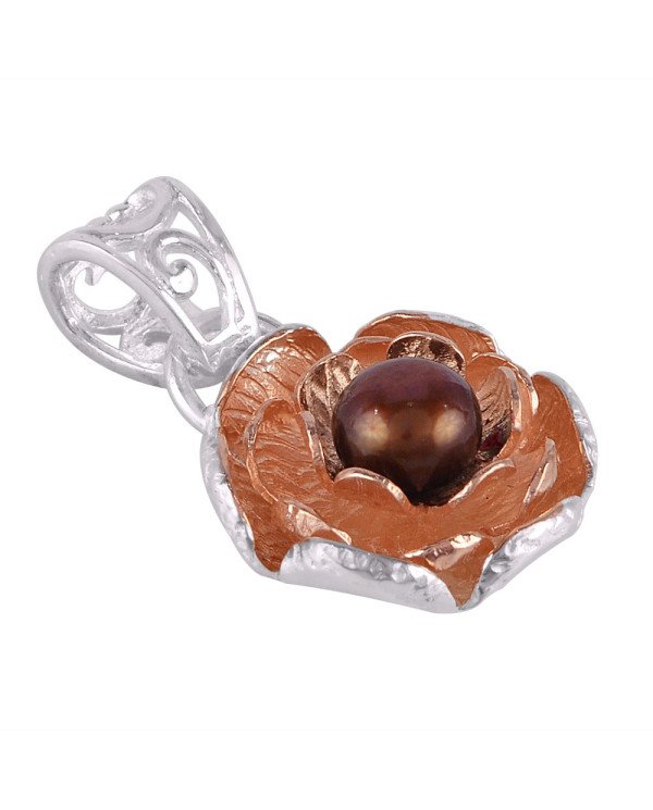 Color Pearl and Solid Silver Lotus Pendant Rose Gold Plated over Silver