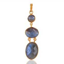 Solid Silver and Labradorite Bezel Set Gold Plated Dangle Pendant Necklace
