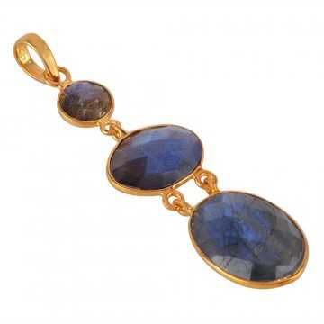 Solid Silver and Labradorite Bezel Set Gold Plated Dangle Pendant Necklace