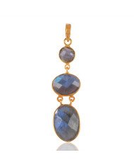 Solid Silver and Labradorite Bezel Set Gold Plated Dangle Pendant Necklace