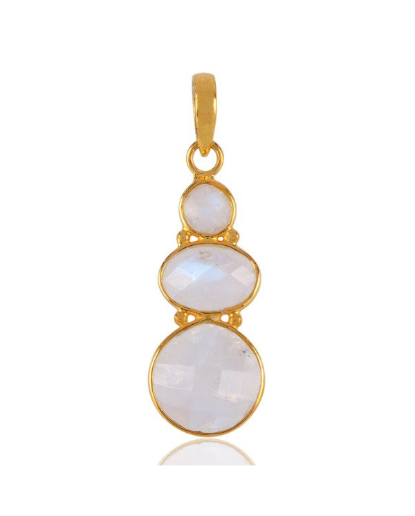 Solid Silver and Rainbow Moonstone Bezel Set Gold Plated Pendant Necklace