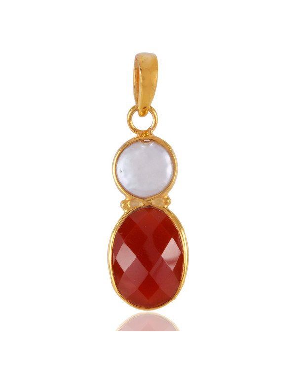 Fresh Water Pearl and Red Onyx Gold Plated Silver Bezel Pendant Necklace
