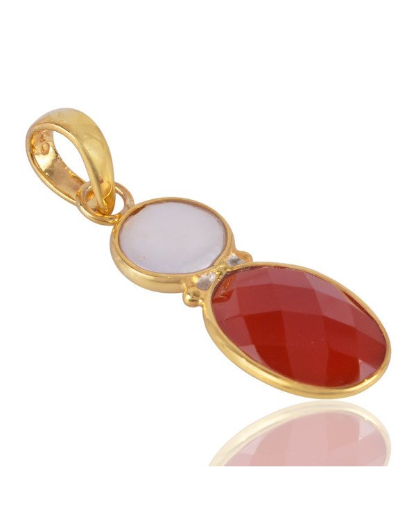 Fresh Water Pearl and Red Onyx Gold Plated Silver Bezel Pendant Necklace