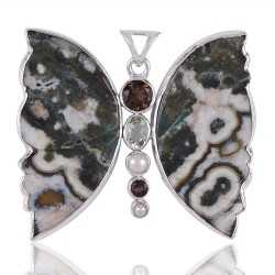 Ocean Jasper Butterfly Green Amethyst Smoky Pearl and Silver Pendant