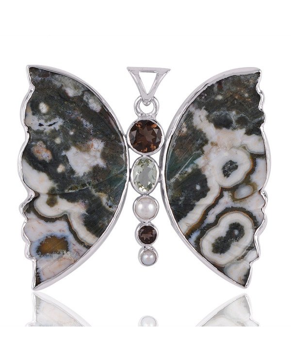 Ocean Jasper Butterfly Green Amethyst Smoky Pearl and Silver Pendant