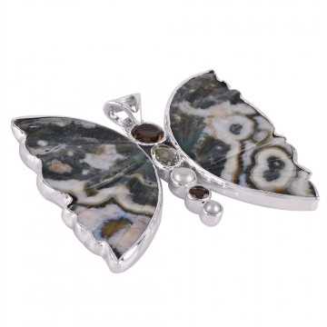 Ocean Jasper Butterfly Green Amethyst Smoky Pearl and Silver Pendant