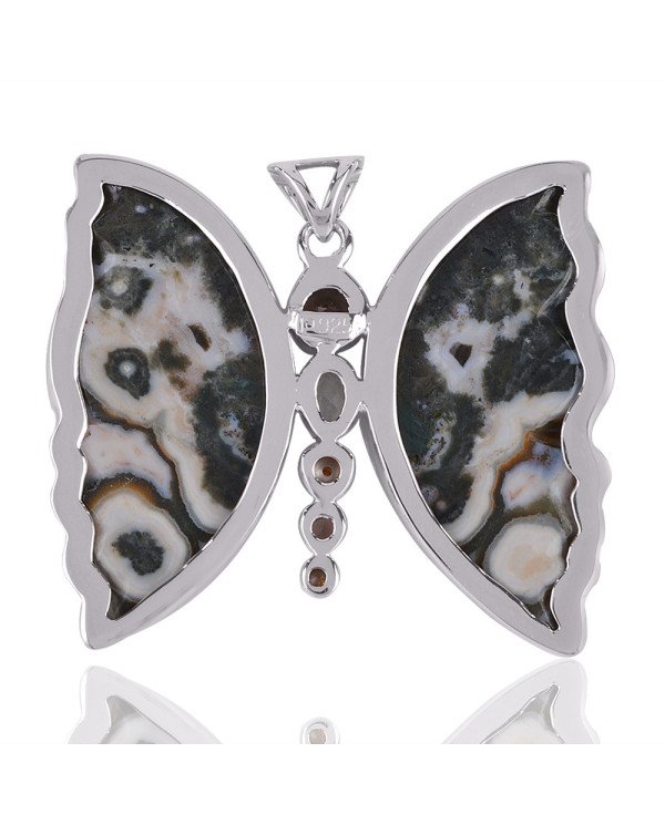 Ocean Jasper Butterfly Green Amethyst Smoky Pearl and Silver Pendant