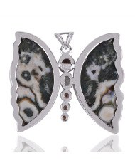 Ocean Jasper Butterfly Green Amethyst Smoky Pearl and Silver Pendant