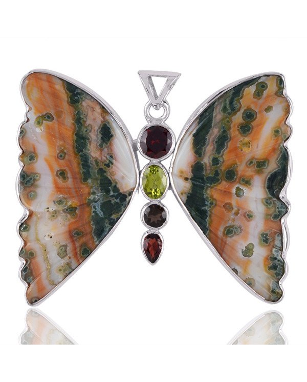 Ocean Jasper Garnet Peridot Smoky and Silver Butterfly Pendant