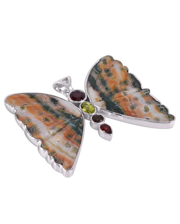 Ocean Jasper Garnet Peridot Smoky and Silver Butterfly Pendant