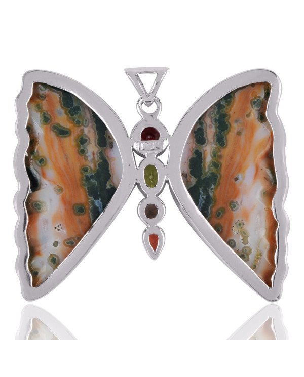 Ocean Jasper Garnet Peridot Smoky and Silver Butterfly Pendant