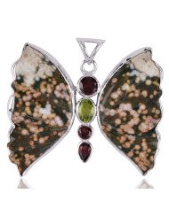 Ocean Jasper Garnet Peridot and Silver Butterfly Pendant