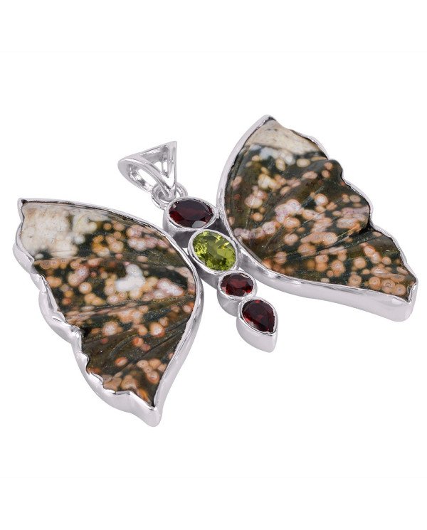 Ocean Jasper Garnet Peridot and Silver Butterfly Pendant