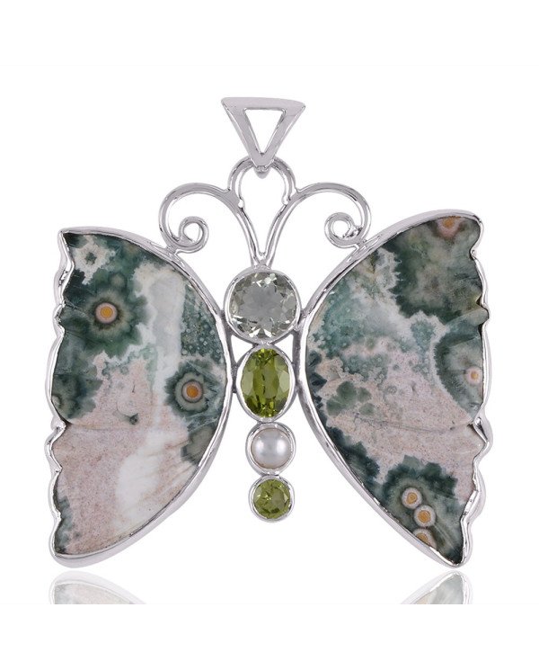 Ocean Jasper Pearl Peridot Green Amethyst and Silver Butterfly Pendant